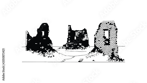 Foto Old ruins of stone building with architectural details in black line art on clear surface