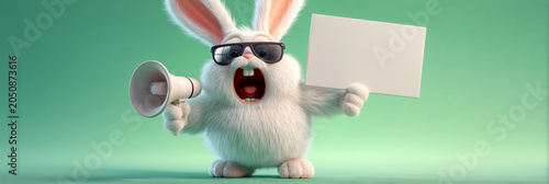 A Cool White Rabbit with Sunglasses Shouting into a Megaphone and Holding a Blank Sign. Mint Green Background with Copy Space for Promo Sales. Generative Ai.