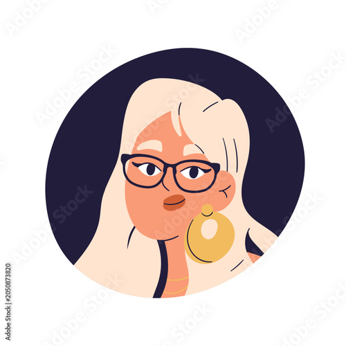 Woman in glasses, face avatar. Young female wearing in spectacles, earrings, ...
