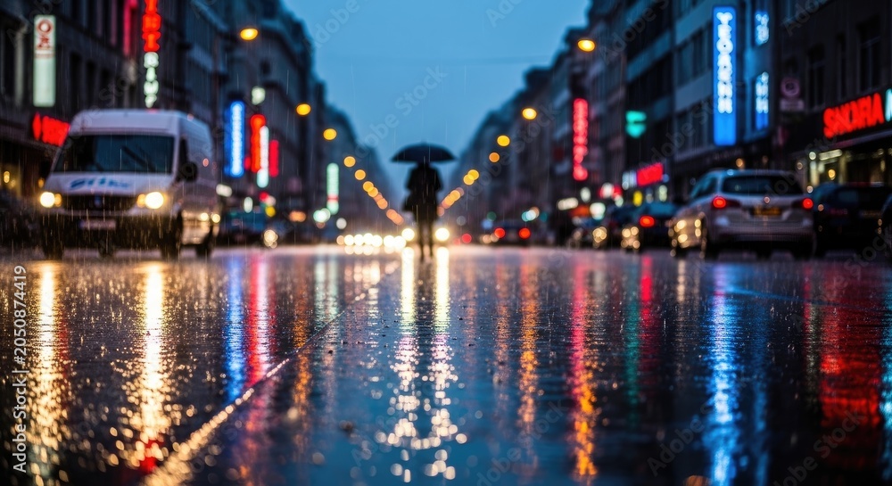 Obraz premium Rainy City Street Reflections at Dusk.