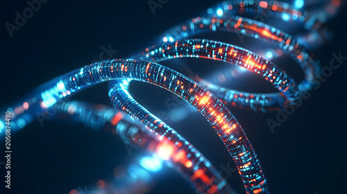Fiber optic cables glowing in helix pattern with futuristic blue and orange light effects