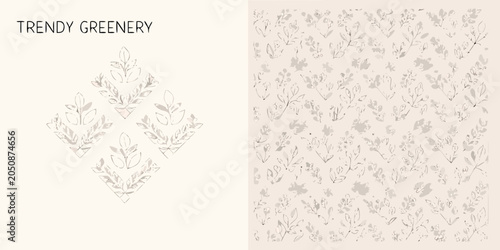 Принти на полотні Floral ornament with sketched leaves and stems light beige on white background