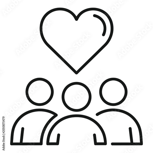 Simple line drawing of three people under a heart symbol  representing love and community icon