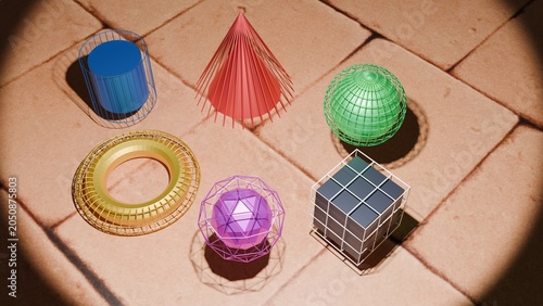 Creative 3D illustration showcasing solid geometric shapes trapped inside matching wireframe mesh cages. Concept of structure, digital modeling, and development on a rustic stone tiled background.
