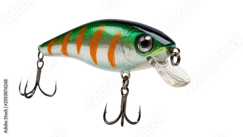 фотографія Fishing lure with orange stripes and green back, treble hooks