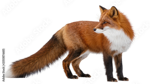 Bild auf Leinwand Red fox with bushy tail and white chest fur