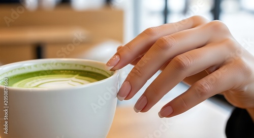 Modern soft French manicure holding ceramic matcha cup in aesthetic cafe setting. Clean-girl beauty and lifestyle for high-end sector-specific manufacturer and retail supply chain process
