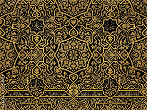 Arabic seamless pattern with golden arabic and islamic ornament big set on black background
