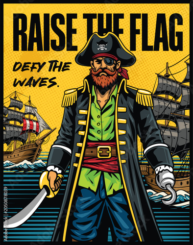 Fotografia Classic retro print style poster showing a bearded pirate captain holding a cutl