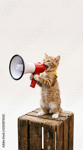 Cute little kitten shouting into a megaphone, funny cat making a loud announcement with a loudspeaker, minimalist concept for protest, leadership or public speaking, isolated on clean solid back