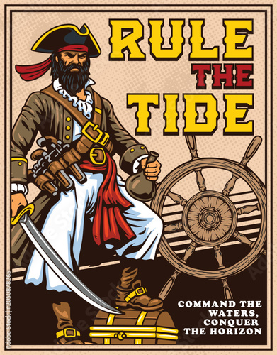 Billede på lærred Detailed vintage poster layout featuring a fierce pirate captain holding a cutla