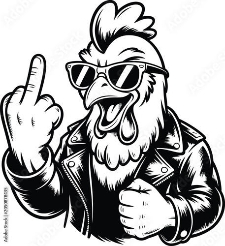 Rebellious Punk Rooster with Sunglasses and Middle Finger Gesture, Funny Rock Style Bird Illustration Isolated on White Background


