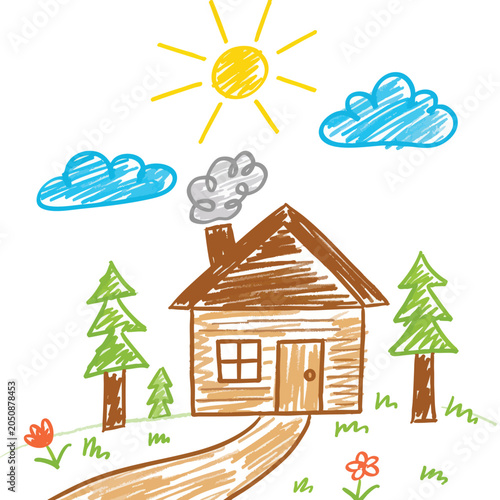 Childlike drawing of a house with trees and a sunny sky.