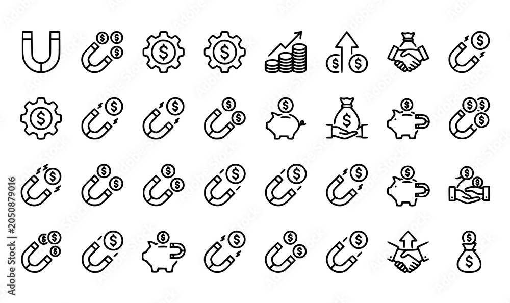 Fototapeta premium Financial growth and investment icons set line art vector illustration
