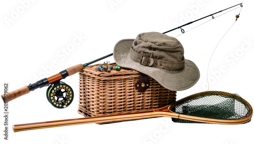 Canvastavla Fishing rod reel tackle box hat, and net
