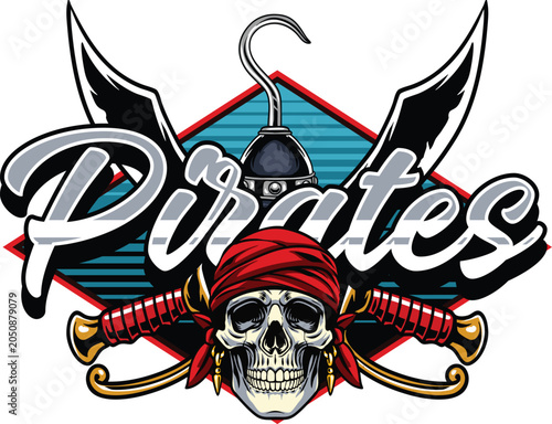 Billede på lærred Retro hand-drawn pirate emblem logo featuring a skull with a red bandana, crosse