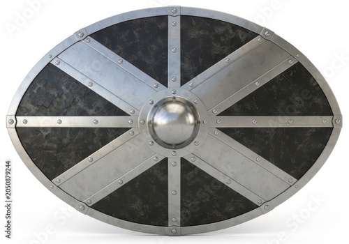 A circular medieval viking shield with a metallic central boss and reinforced steel cross bracing isolated on white background