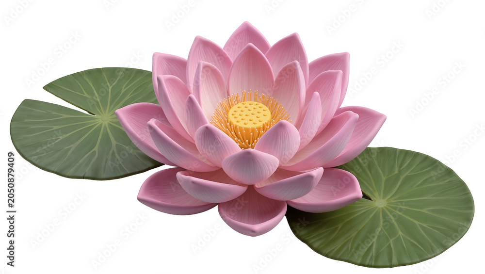 Obraz premium Pink lotus flower with yellow center and green lily pads