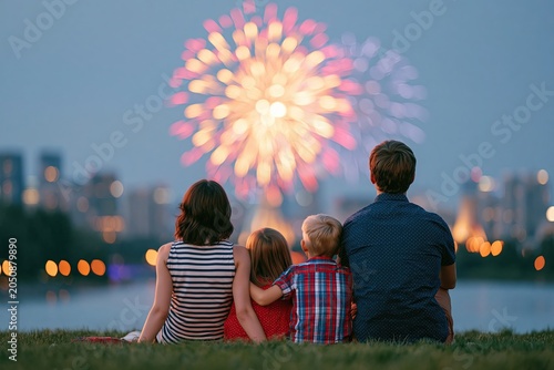 family sitting on grass watching fireworks over city skyline outdoor recreation