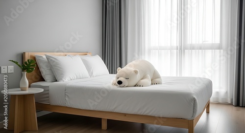 A serene bedroom scene with a plush white teddy bear resting on a neatly made bed with crisp white linens and pillows, wooden furniture, and a plant on a side table