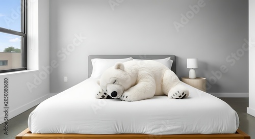 A large white teddy bear lying on a bed in a modern bedroom with a window