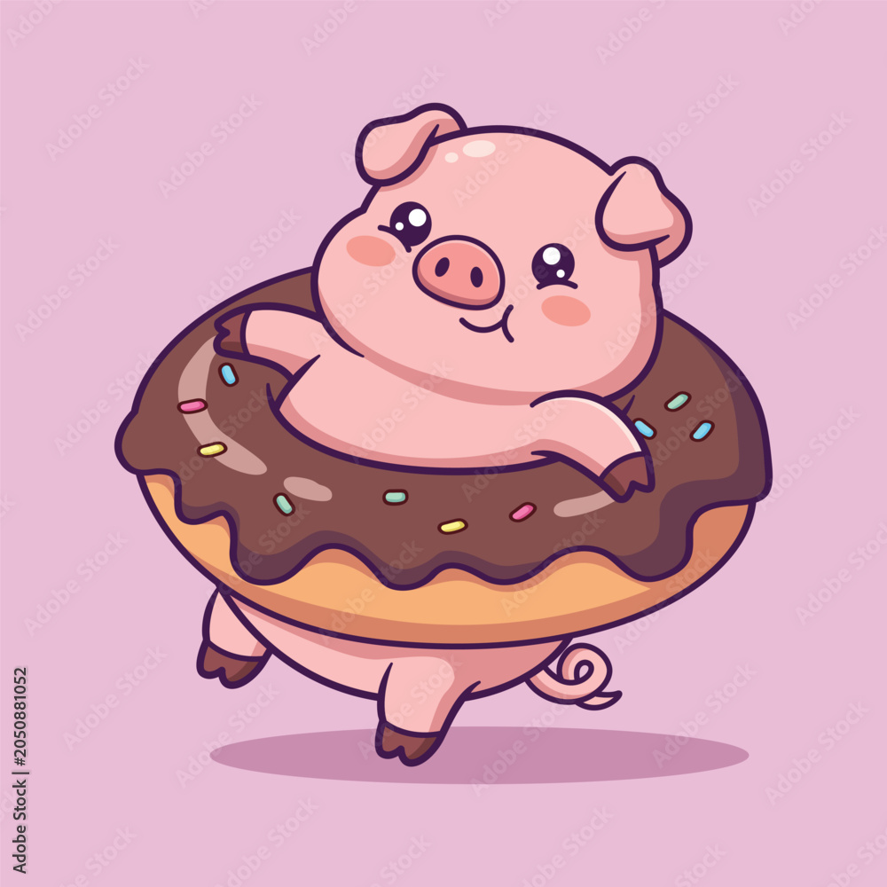 Naklejka premium Cute Pig Inside Chocolate Donut with Sprinkles Vector Illustration