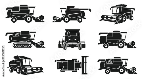agriculture combine harvester icon set for farm machinery equipment featuring different views of grain harvesting vehicles