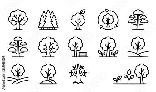 Tree line icons set black and white vector illustration