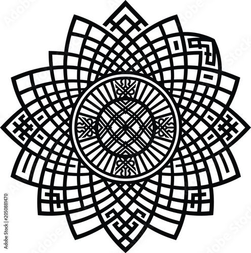 Intricate circular geometric mandala motif featuring complex interlaced lines and symmetrical shapes for comprehensive artistic projects.