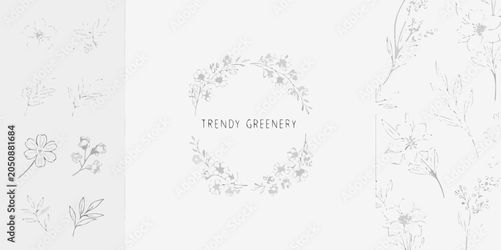 Obraz premium Delicate botanical illustrations featuring floral and leafy elements line art style