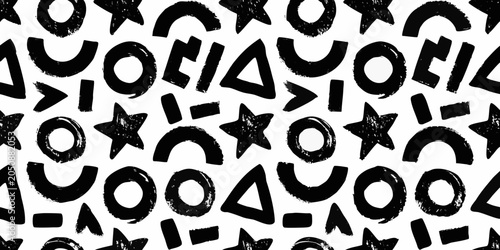 Abstract Black And White Pattern With Geometric Shapes And Brushstroke Texture