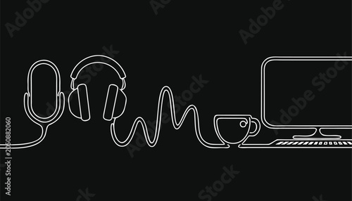 Foto Continuous line art illustration of podcasting equipment with microphone headpho