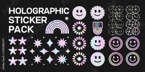 Photos Holographic sticker pack with rainbow stars and smiling faces on black backgroun