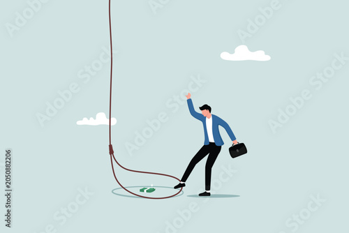 Fotografie Money traps to deceive greedy people, the dangers of fraud, the concept of financial or investment problems, businessmen who try to get into complicated rope traps to get a bundle of banknotes