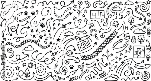 Obraz na płótnie Hand drawn doodle arrows and wayfinding pathway elements set featuring dotted li
