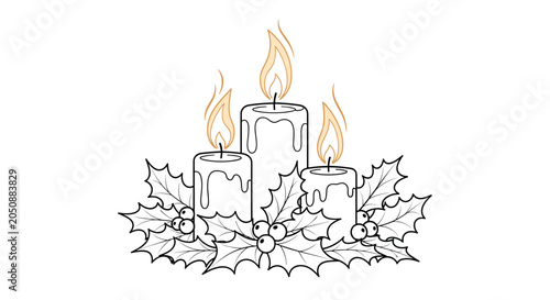 Black and white coloring page showing three lit candles nestled among holly leaves and berries for a traditional christmas theme.