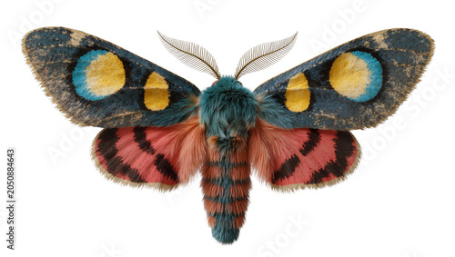 Photos Furry moth with colorful wings and striped body