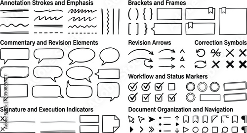Fotografie Document editing and correction doodle vector elements set featuring hand drawn