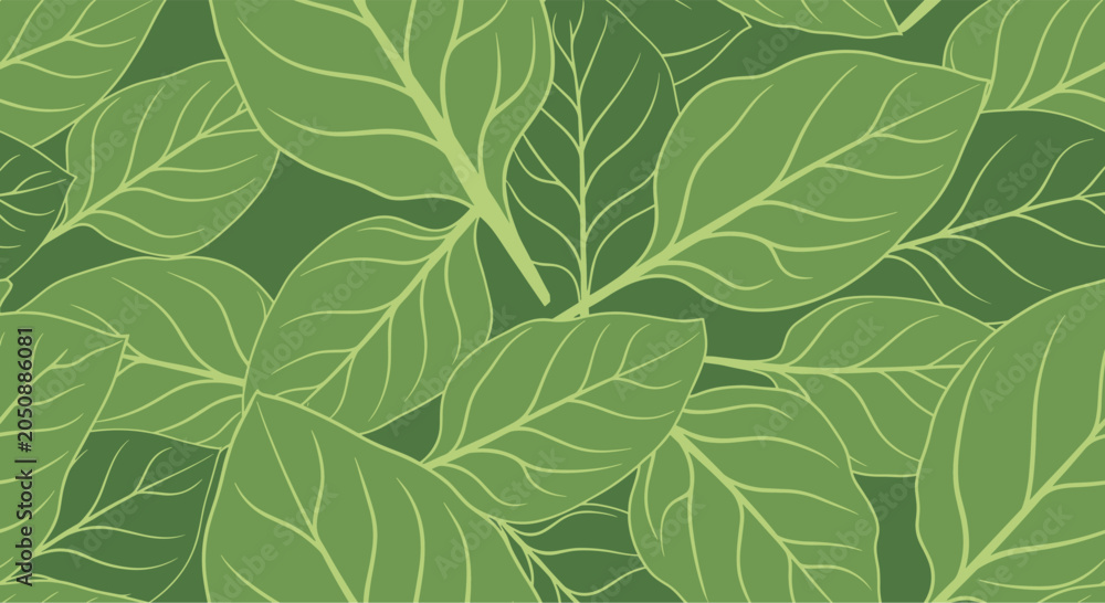 Fototapeta premium Detailed seamless pattern of fresh green leaves with visible veins overlapping each other to create a lush natural foliage background.