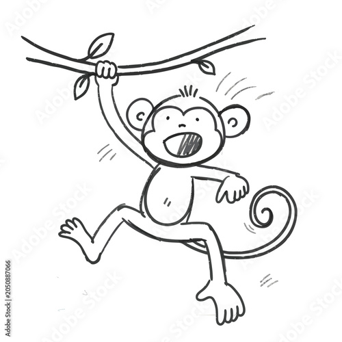 Cartoon monkey swinging from a tree branch.