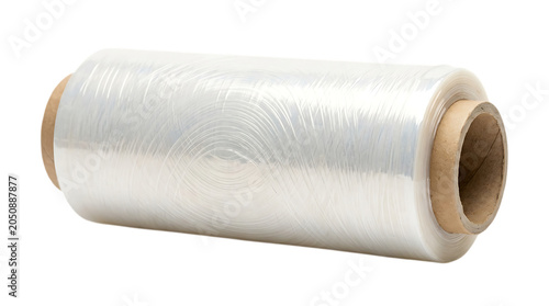 A single roll of clear plastic stretch wrap with cardboard core isolated on a solid , for industrial packaging concepts isolated on a transparent background