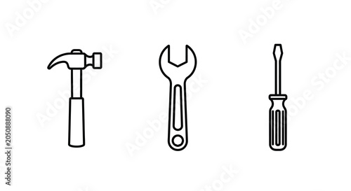 Hammer wrench and screwdriver line icons on a white background