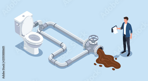 Isometric illustration shows a man inspecting a leaking sewer pipe that is discharging brown waste from a toilet onto a blue floor.