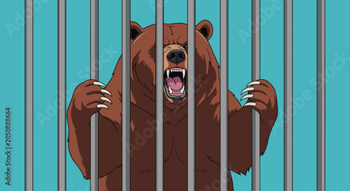 Ferocious brown bear with sharp claws and open mouth roars angrily behind thick grey metal prison bars against a blue background.