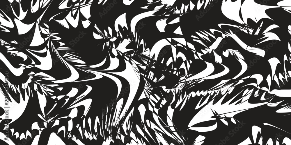 Fototapeta premium Seamless black and white abstract swirl pattern. Liquid marble texture, wavy fluid spiral background optical illusion. Vector illustration for fabric, print
