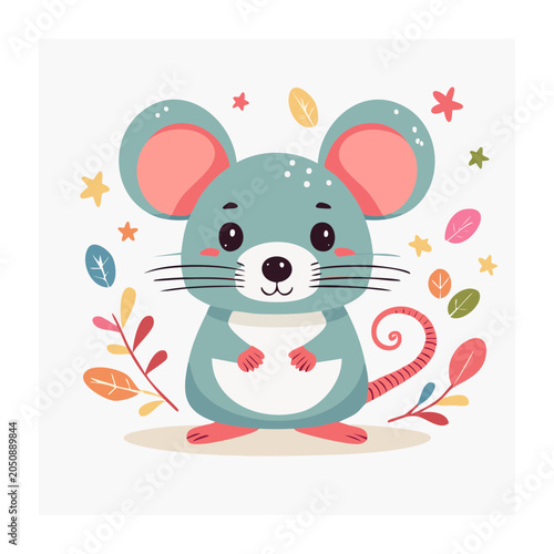 Cute cartoon mouse with autumn leaves and stars