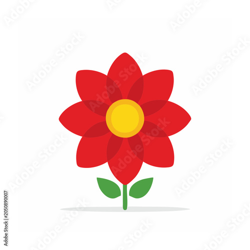 Flat design red flower with yellow center and green leaves