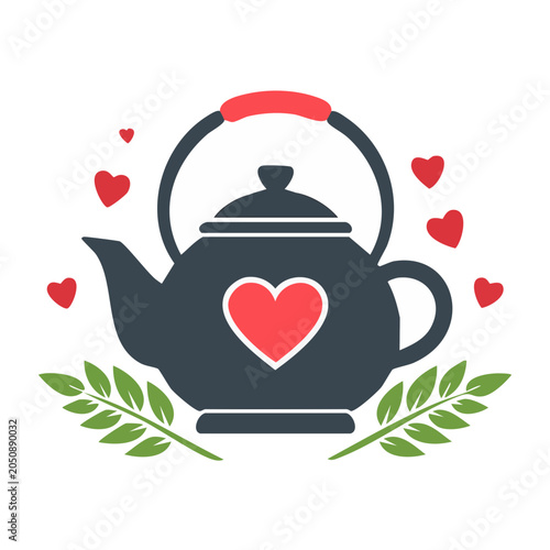 Flat design teapot with heart and leaves