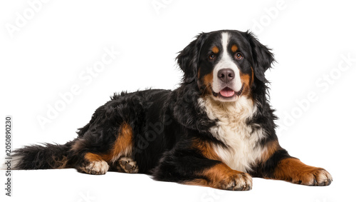 Fotografie Bernese Mountain Dog lying down with mouth open and tongue out