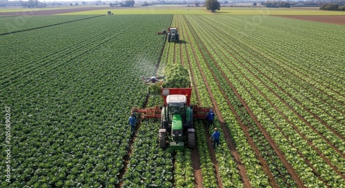 Foto Aerial view of agricultural harvesting operation with tractors and workers gathe
